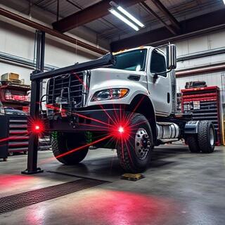 Laser alignment rig measuring front axle geometry