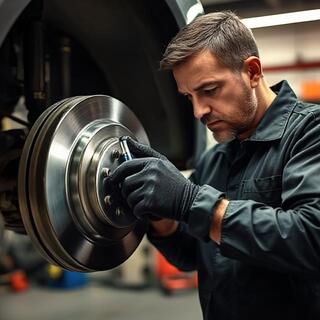Mechanic inspecting brake pads in the maintenance bay