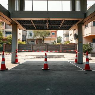 Cones and tape forming an exclusion zone under the lift