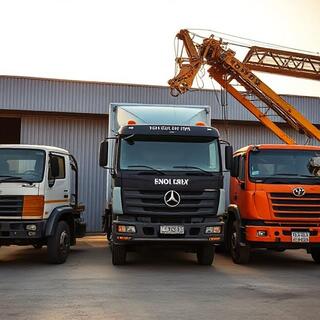 Line-up of mini-truck, long-bed lorry and hydra crane