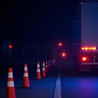 Night run with amber beacons and reflective cones at a quiet gate