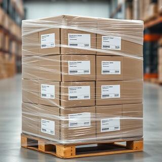 Wrapped pallet with labelled boxes secured