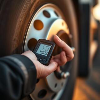 Technician checking tyre pressure with a gauge