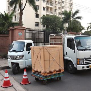 Cargo handoff from mini-truck to long-bed lorry at a staging ground