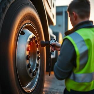 Mechanic checking tyre pressure at a depot