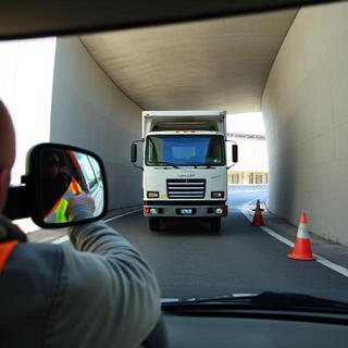 Mini-truck turning through a tight inner lane with spotter