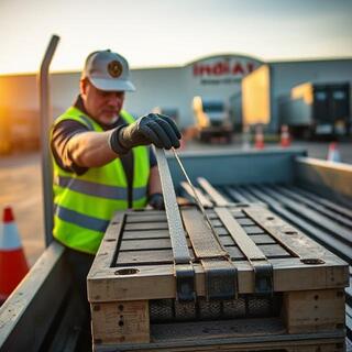 Bed chief checking strap angles on the truck bed