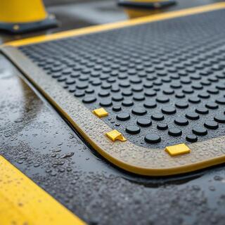 Anti-slip mats placed on wet floor near a turn