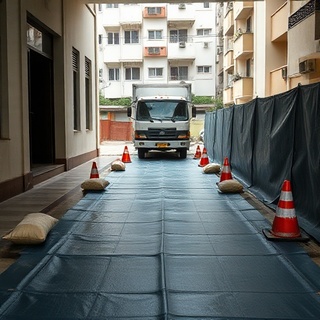 Tarp-covered walkway between building and truck during rain