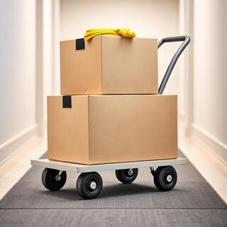 Low-vibration dolly with padded platform in an office corridor