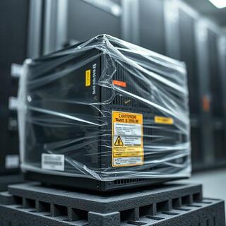 Server rack wrapped with anti-static film and shock indicator