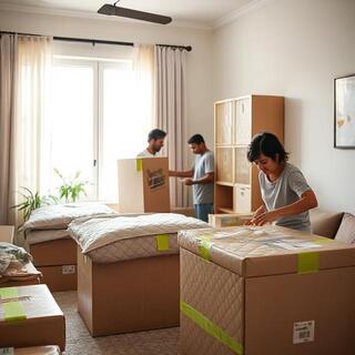 Crew wrapping and labeling items in a living room