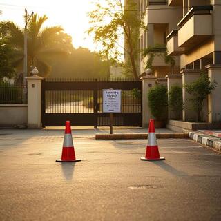 Cones reserving a slim lane near a residential gate