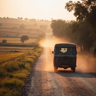 Mini-truck driving on a rural road towards a staging ground