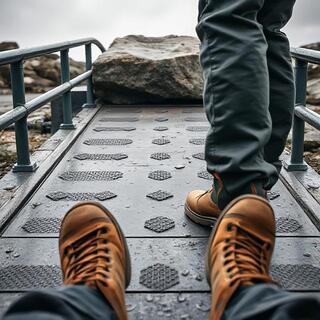 Low-angle ramp with anti-slip inserts for moving slabs