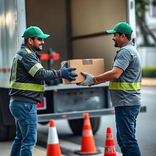 Crew handing off a padded item at the buffer zone