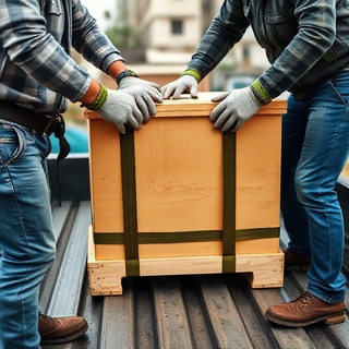 Crew safely strapping a heavy crate