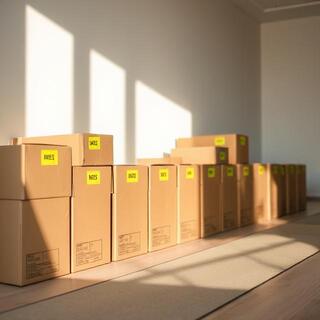 Lined moving boxes labeled by room