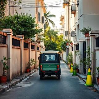 Mini-truck negotiating a narrow lane with spotter guidance