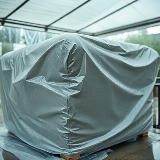Crew wrapping furniture with waterproof covers during rain