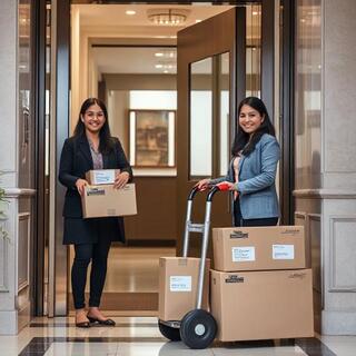 Receiver team guiding a wrapped sofa through a doorway